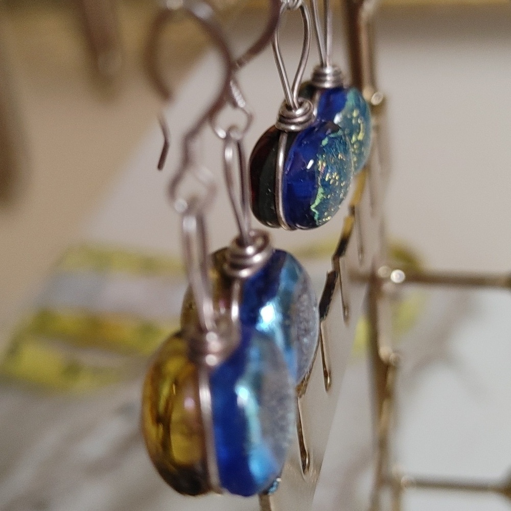 Round Dichroic Glass Sterling Wrapped Earrings - Picture 7 of 16